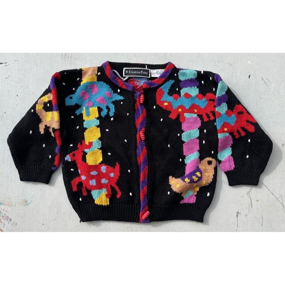 Kid's Vintage Christine Foley Sweater Multicolor Animals KS Knit Retro Vibrant